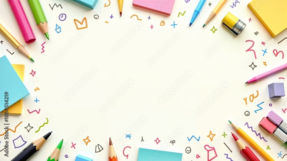 Colorful stationery collection arranged around a blank canvas for creative ideas in a bright workspace filled with playful doodles and inspiring materials Colorful stationery collection arranged around a blank canvas for creative ideas in a bright workspace filled with playful doodles and inspiring materials