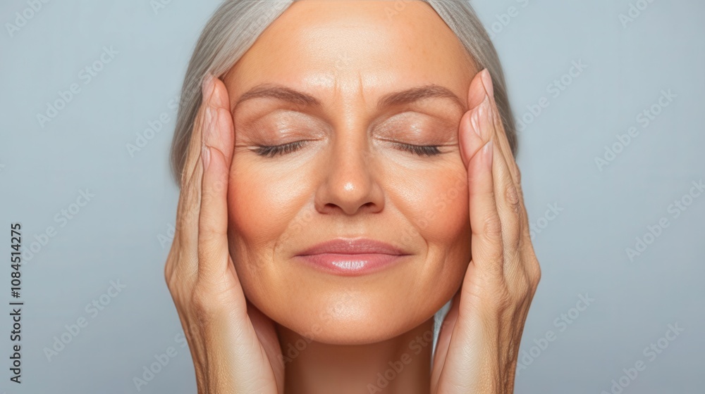 A woman with gray hair peacefully massages her face, her eyes closed in tranquility. She appears to be taking time for self-care, highlighting the importance of relaxation and wellness A woman with gray hair peacefully massages her face, her eyes closed in tranquility. She appears to be taking time for self-care, highlighting the importance of relaxation and wellness