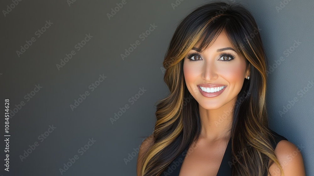 Obraz premium A confident woman with long, wavy hair smiles warmly while standing against a neutral gray wall in a well-lit indoor environment, showcasing her bright and engaging personality