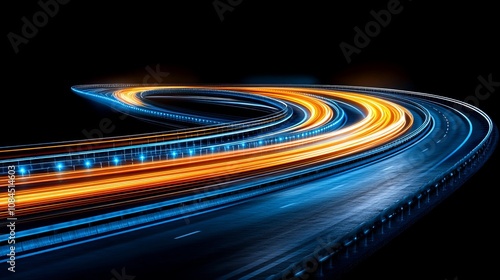 Abstract Curved Road with Colorful Light Trails at Night