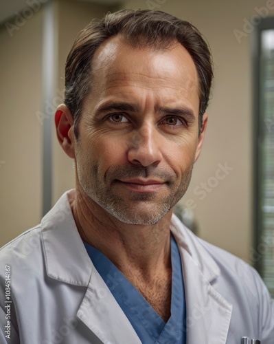 A handsome male surgical doctor in his mid-40s with a strong jawline, prominent nose, and piercing brown eyes, wearing a crisp white lab coat with a stethoscope draped around his neck, - generative ai