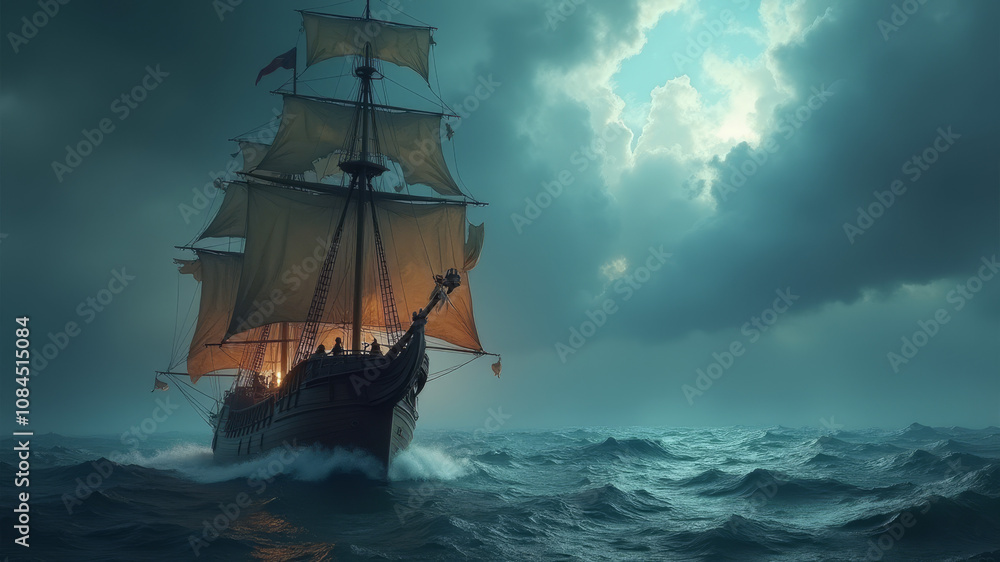 Sailing ship on stormy ocean under cloudy sky