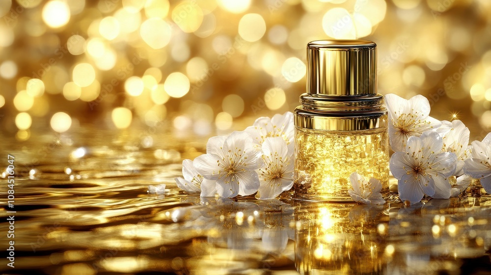 The elegant perfume bottle glows with a warm golden hue, nestled among soft white blossoms. The background sparkles invitingly, creating a tranquil and luxurious atmosphere The elegant perfume bottle glows with a warm golden hue, nestled among soft white blossoms. The background sparkles invitingly, creating a tranquil and luxurious atmosphere