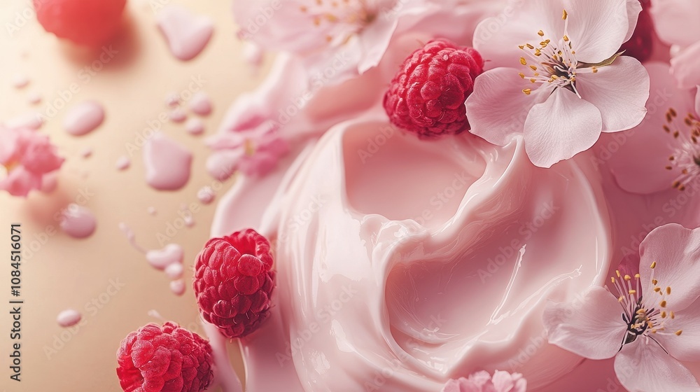 A creamy, pink substance is artistically arranged with clusters of bright raspberries and soft cherry blossoms on a warm golden surface in a spring-inspired composition A creamy, pink substance is artistically arranged with clusters of bright raspberries and soft cherry blossoms on a warm golden surface in a spring-inspired composition