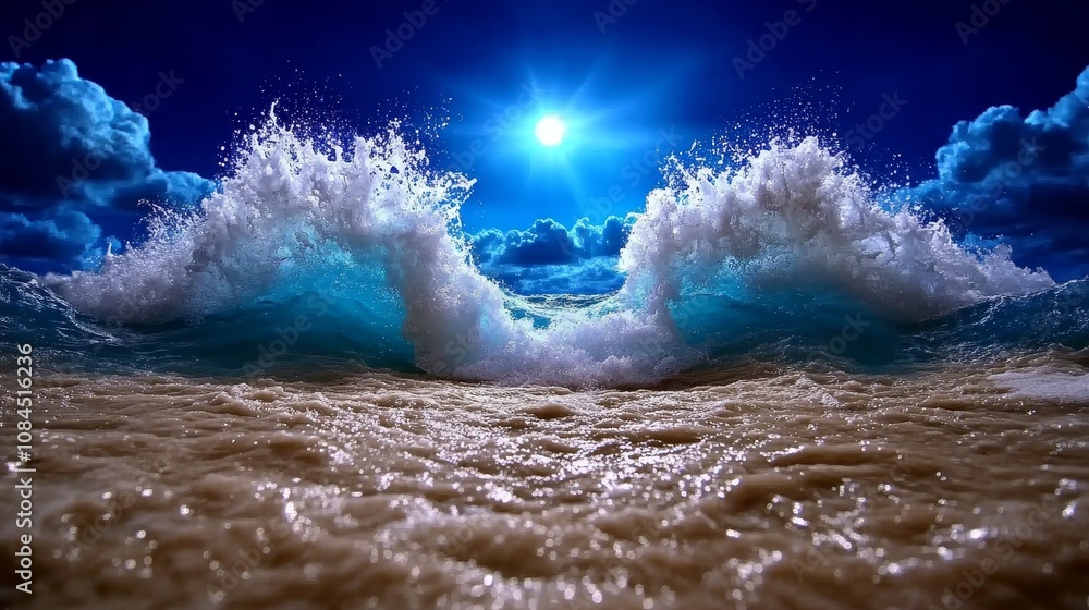 Fototapeta premium Ocean Wave Crashing with Sun and Clouds in the Sky