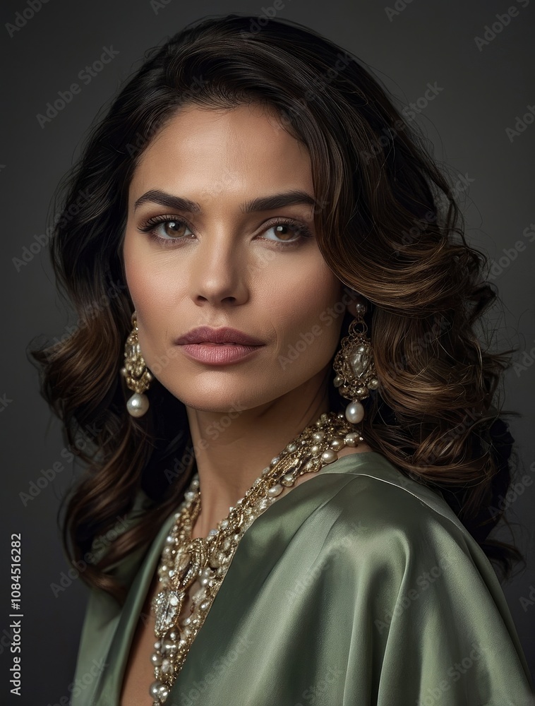 Create a realistic portrait of an elegant and wealthy woman in her early 40s with striking dark, wavy hair falling to her shoulders. She has a delicate and beautiful face - generative ai Create a realistic portrait of an elegant and wealthy woman in her early 40s with striking dark, wavy hair falling to her shoulders. She has a delicate and beautiful face - generative ai