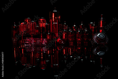 Radio lamps glow red on a black background