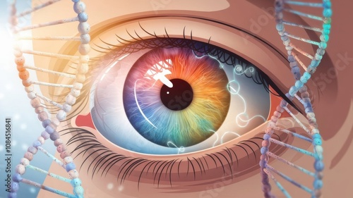 detailed illustration showcasing a human eye with vibrant colors. The iris display a spectrum of natural eye colors (blue, green, brown, and hazel), symbolizing genetic diversity.  photo