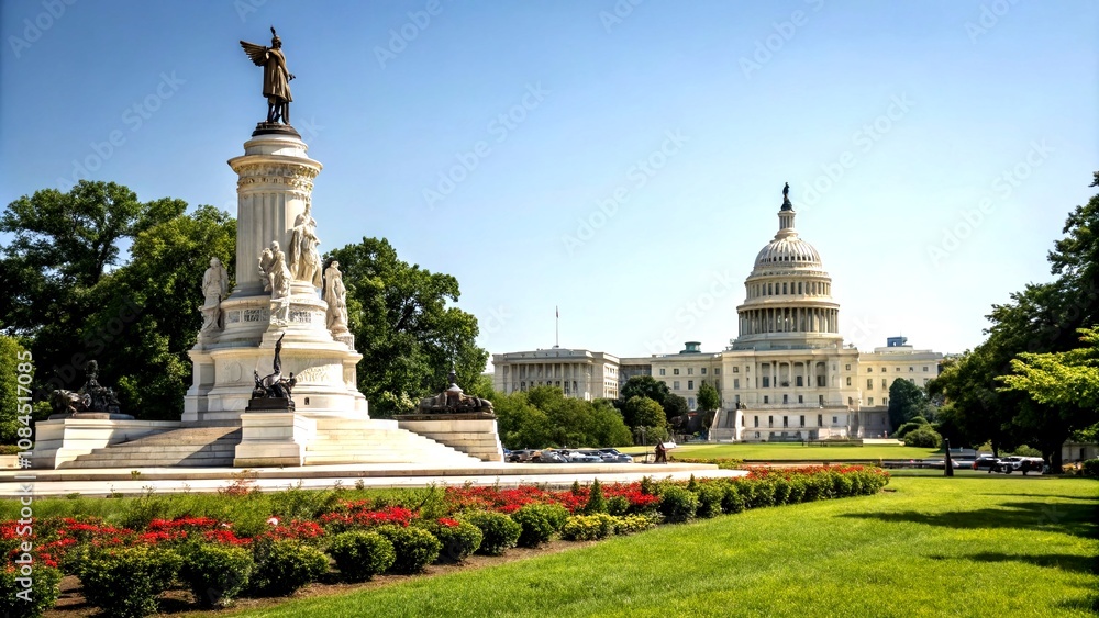 The Peace Monument in Front of the US Capitol on a Bright Summer Day with Clear Blue Sky, Showcasing the Beauty of Washington DC's Iconic Landmark in a Vibrant Setting The Peace Monument in Front of the US Capitol on a Bright Summer Day with Clear Blue Sky, Showcasing the Beauty of Washington DC's Iconic Landmark in a Vibrant Setting
