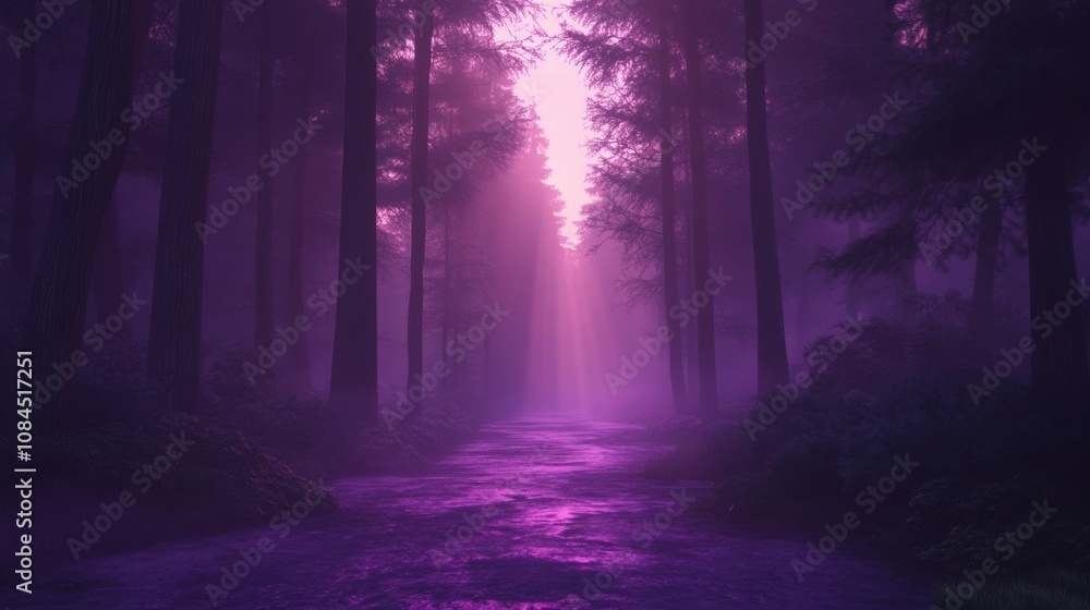 Enchanted forest path bathed in ethereal purple light at dawn, AI Enchanted forest path bathed in ethereal purple light at dawn, AI