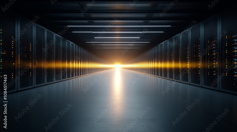 A long hallway with many computer servers A long hallway with many computer servers