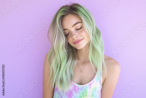 A young woman with pastel green hair smiles against a purple background.