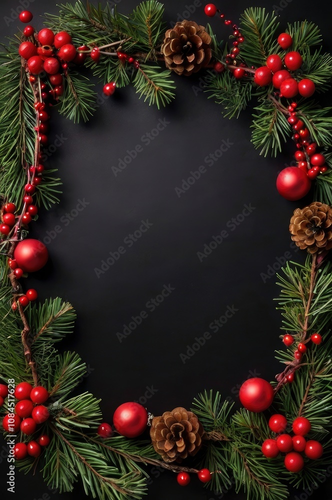 Top view of a christmas frame made of pine twigs, christmas balls, berries and christmas lights with copy space on black background - generative ai Top view of a christmas frame made of pine twigs, christmas balls, berries and christmas lights with copy space on black background - generative ai
