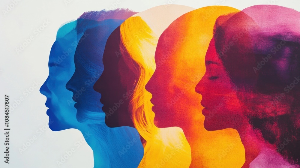 Silhouettes of diverse profiles in vibrant colors representing individuality and unity. Silhouettes of diverse profiles in vibrant colors representing individuality and unity.