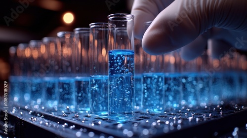 A gloved hand skillfully places a sample into a vibrant blue liquid-filled tube photo