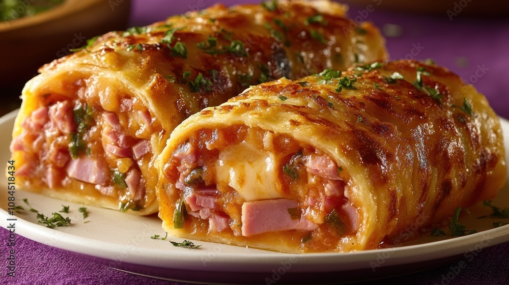 Savor the richness of cheesy ham enchiladas served on a vibrant plate Savor the richness of cheesy ham enchiladas served on a vibrant plate