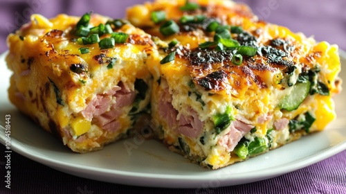 Savory layers of eggs, ham, and vegetables create a delightful dish for breakfast