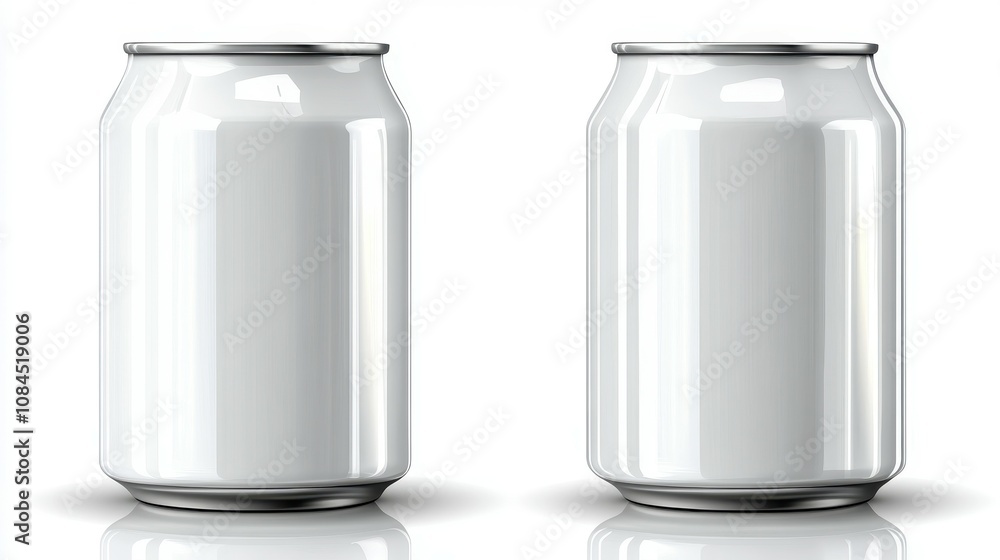 Two blank aluminum cans are positioned next to each other on a reflective surface. The cans are clean, shiny, and feature a silver rim at the top, emphasizing their emptiness Two blank aluminum cans are positioned next to each other on a reflective surface. The cans are clean, shiny, and feature a silver rim at the top, emphasizing their emptiness