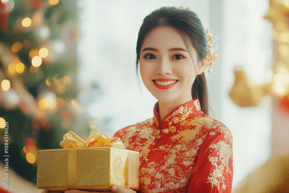 Happy smiling Asian woman in red traditional costume giving gold gift box on decoration traditional for chinese new year header copy space background. Happy smiling Asian woman in red traditional costume giving gold gift box on decoration traditional for chinese new year header copy space background.