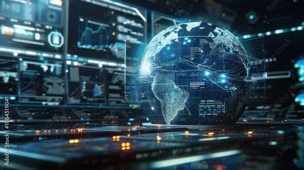 A digital globe surrounded by data analytics displays and technological interfaces. A digital globe surrounded by data analytics displays and technological interfaces.