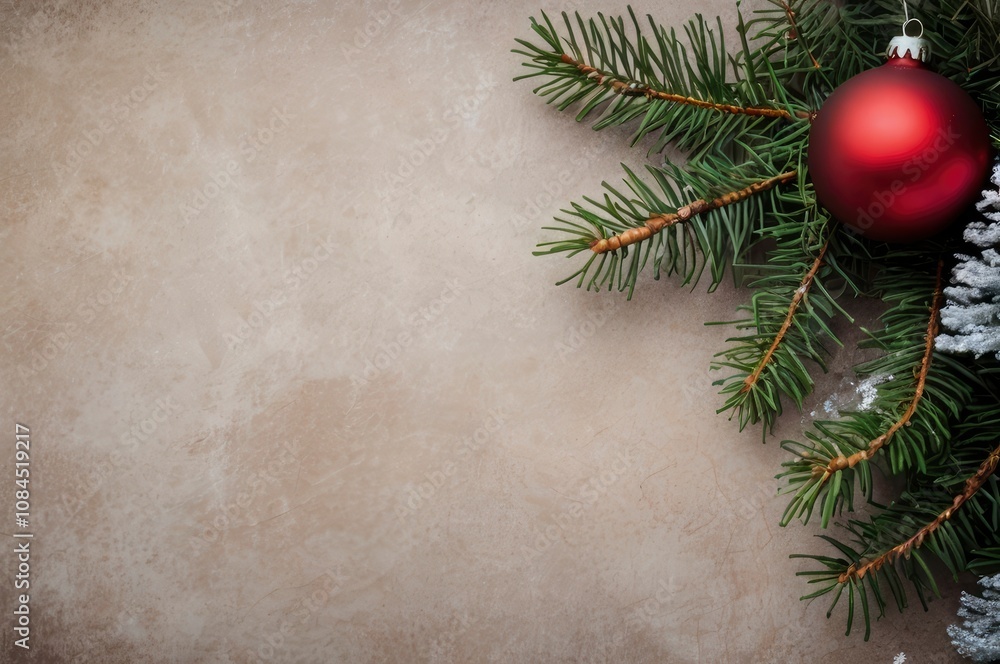 Christmas background with fir tree and decor. Top view with copy space - generative ai Christmas background with fir tree and decor. Top view with copy space - generative ai