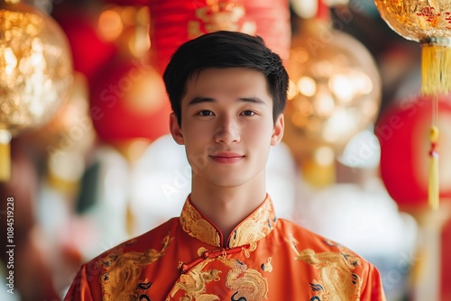 Portrait of a handsome young Chinese man dressed in elegant traditional clothing to celebrate a heritage festive