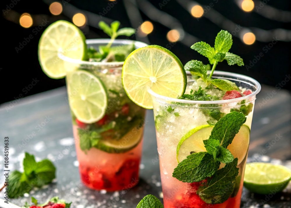 Two Refreshing Mojito Cocktails in Plastic Cups with Lime Slices and Mint Leaves on a Dark Background with Bokeh Effect Enhancing the Visual Appeal Two Refreshing Mojito Cocktails in Plastic Cups with Lime Slices and Mint Leaves on a Dark Background with Bokeh Effect Enhancing the Visual Appeal