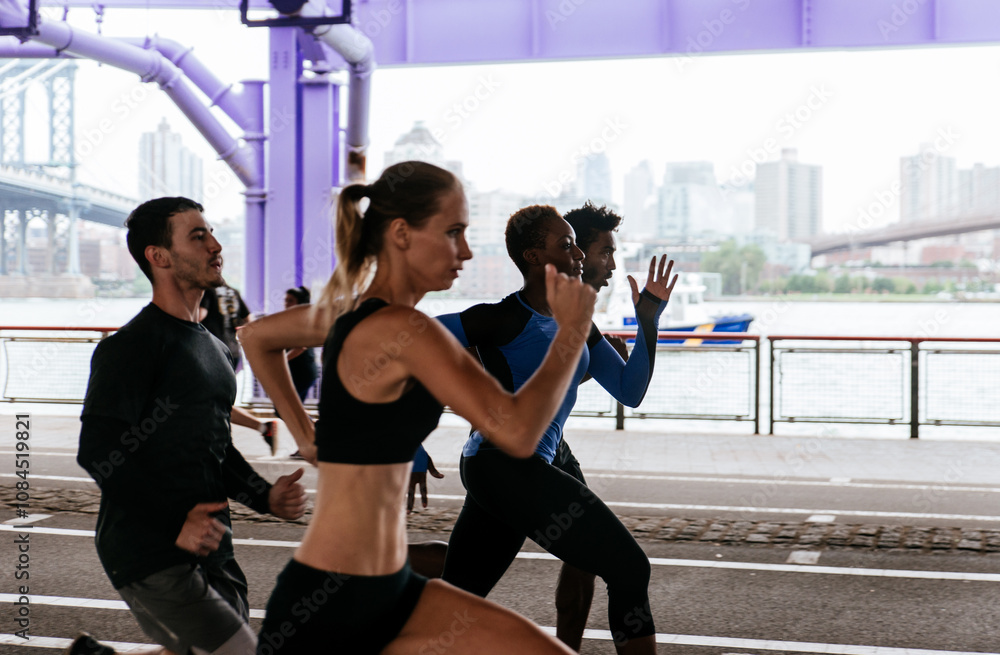 Group of urban runners running on the street in New york city, conceptual series about sport and fitness Group of urban runners running on the street in New york city, conceptual series about sport and fitness