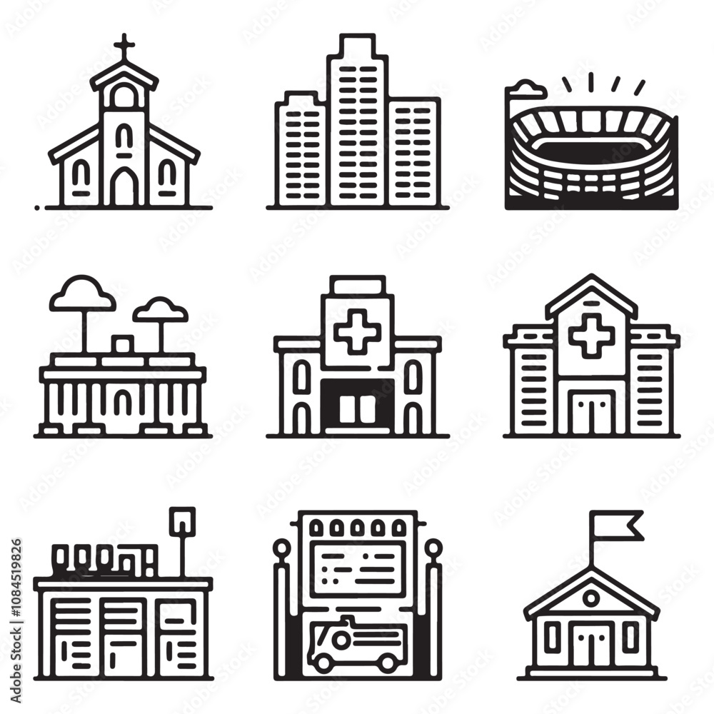 Premium Vector Line Icons of Urban Infrastructure: Church, Skyscraper, Stadium, Hospital, Fire Station, and School - Scalable for Web & Print Premium Vector Line Icons of Urban Infrastructure: Church, Skyscraper, Stadium, Hospital, Fire Station, and School - Scalable for Web & Print