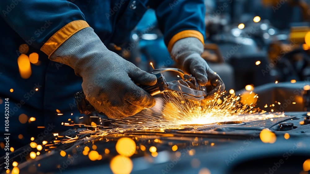 Close-up of worker's hands using grinder on metal, sparks flying. Close-up of worker's hands using grinder on metal, sparks flying.
