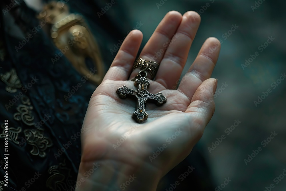 Obraz premium Womans hand with cross .Concept of hope faith christianity religion church online.