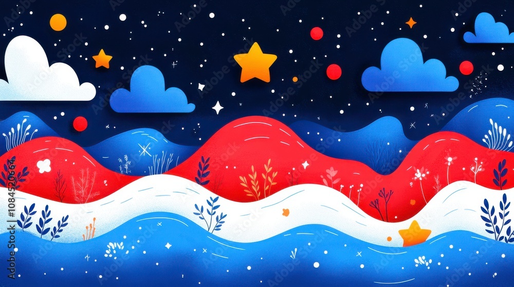 A Colorful Night Landscape with Abstract Mountains and Stars A Colorful Night Landscape with Abstract Mountains and Stars