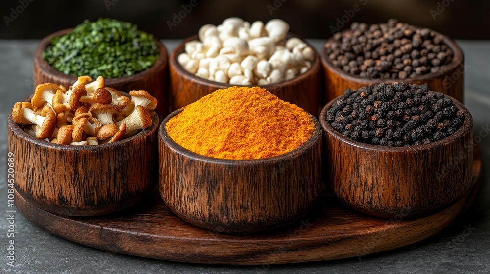 Aromatic Spice Display in Wooden Bowls - A Culinary Celebration of Flavors Aromatic Spice Display in Wooden Bowls - A Culinary Celebration of Flavors