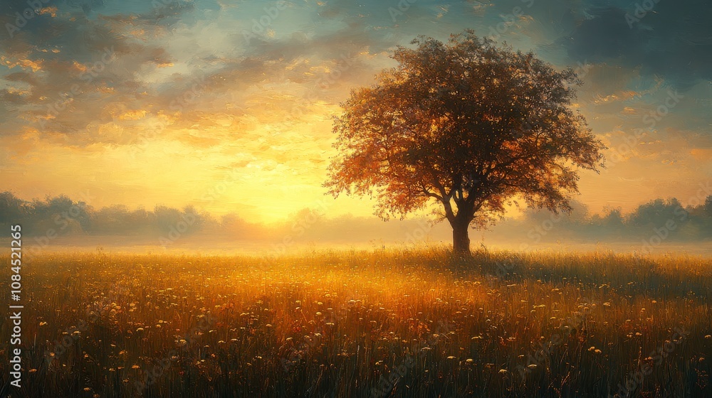 Golden Sunrise Meadow with Majestic Tree - A Peaceful Landscape Painting Golden Sunrise Meadow with Majestic Tree - A Peaceful Landscape Painting