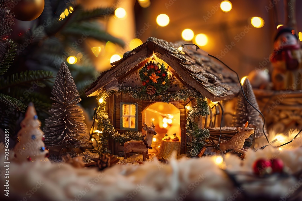 Christmas. Wooden crib with lights background. Christmas. Wooden crib with lights background.