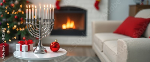 A beautifully arranged holiday scene features a gleaming menorah with lit candles, set against a backdrop of a warm fireplace and a decorated Christmas tree. The soft glow of the flames dances in the photo