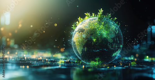 Globe hologram on virtual digital. Dark background. Concept of environmental sustainability, copy space for text
