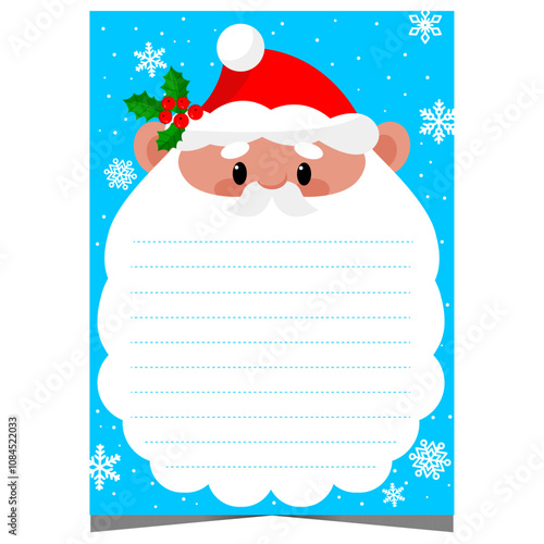 Christmas letter or postcard template to fill out with congratulation and wish list on empty lines on the beard of cute Santa Claus character. Document ready to print or for web.