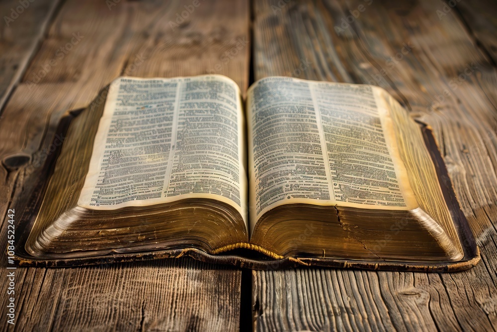 Obraz premium Open Bible on wooden table closeup. Christian religious book