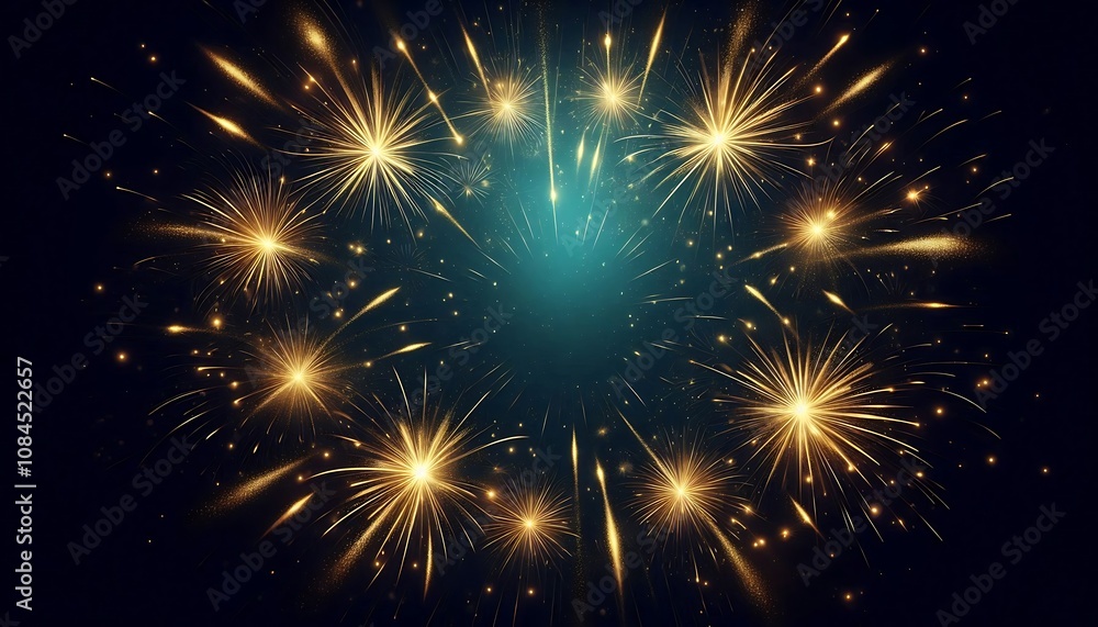 Naklejka premium Dark cyan background with radiant golden fireworks trails and soft glow new year greeting card,copy space, banner