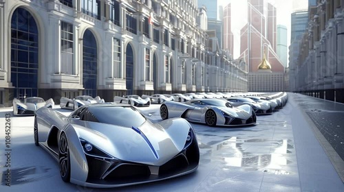 Futuristic sport cars on parking in a row, innovative vehicles 