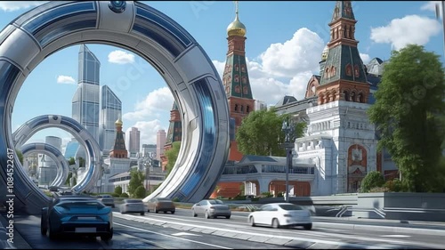 Futuristic high innovative Russia city landscape, cars driving on highway, modern buildings