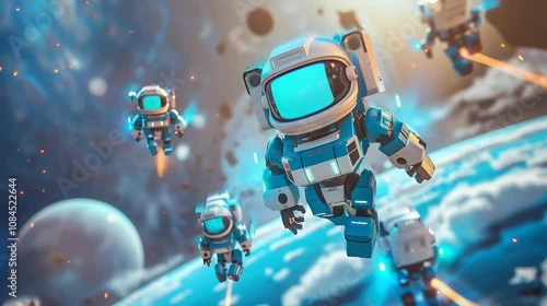 Self-operating robots in space on a mission using jetpacks