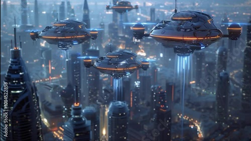 Big drones flying above innovative city, futuristic landscape, They use suction mechanisms
