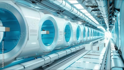 Innovative machine for delivering parcels, interior of futirustuc post warehouse, delivery internal operation