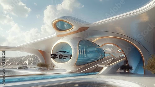 Futuristic city lanscape a white teleport for vehicles. innovative architecture photo