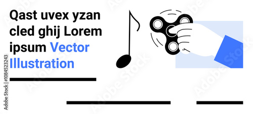 Hand holding a fidget spinner accompanied by a musical note and abstract text elements. Ideal for stress relief themes, music-related content, educational material, creative designs, modern art