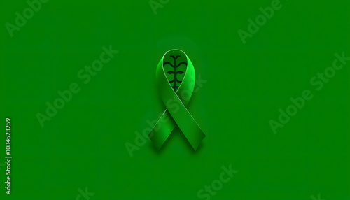 World mental health day concept. Green awareness ribbon with brain symbol on a green background with white shades, png photo