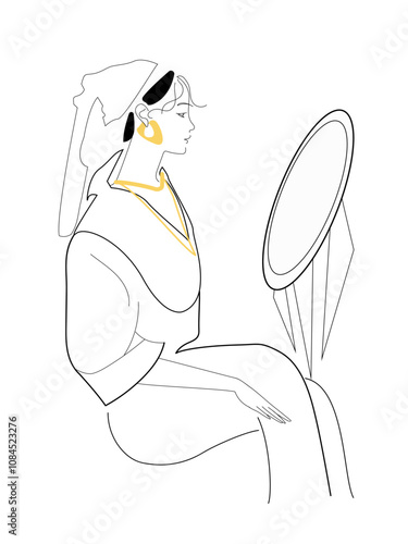Line illustration of a girl in jewelry sits in front of the mirror. Young girl with a towel on her head. Appearance care. Appearance care.Vector fashion illustration on a white background
