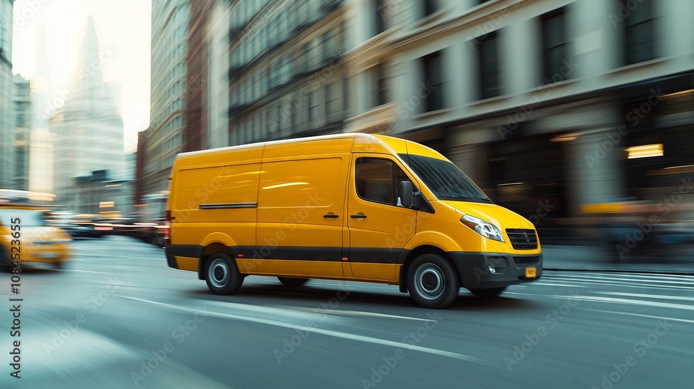 Fototapeta premium Yellow delivery van moving fast on a city street